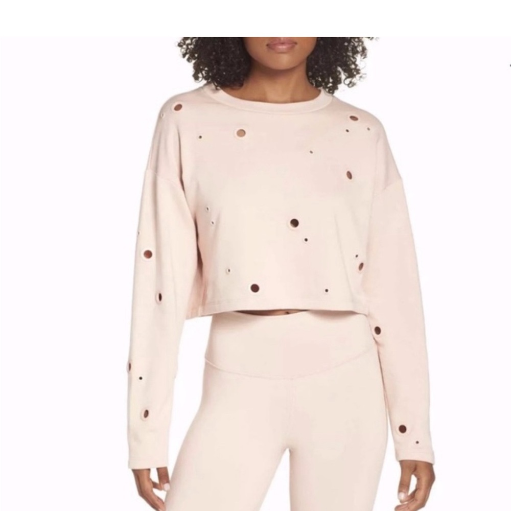 ALO Yoga Distressed Cropped Sweatshirt in Blush Pink